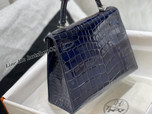 Hermes專櫃經典款Kelly手提女包 愛馬仕純手工凱莉25CM午夜藍高光尼羅鱷魚皮Kelly包 zhh1251